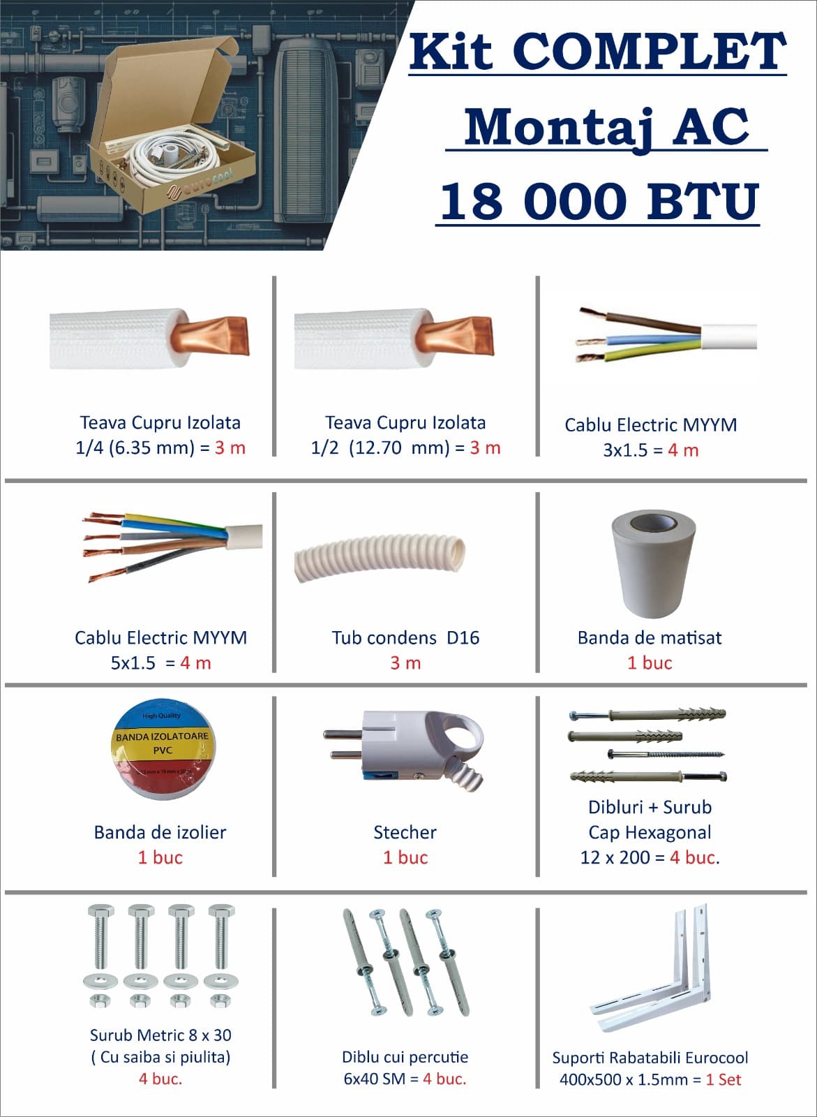 Kit COMPLET Montaj AC - 3 metri - 18.000 BTU 2